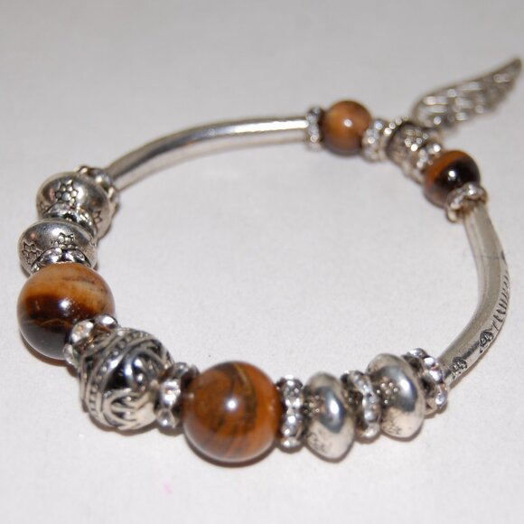 Angel Wings Bracelet,Tiger Eye Bracelet,Dangling Charm Bracelet,Silver and Stone - Picture 3 of 3